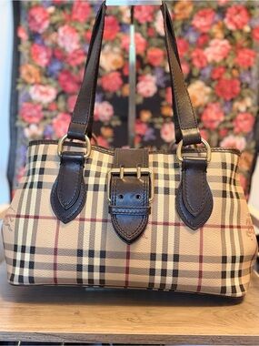 Burberry Haymarket Check Eden Shoulder Bag with Dark Brown Leather Trim